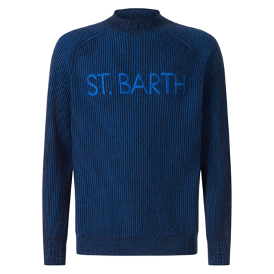 Mc2 Saint Barth Man Half-turtleneck Ribbed Blue Sweater