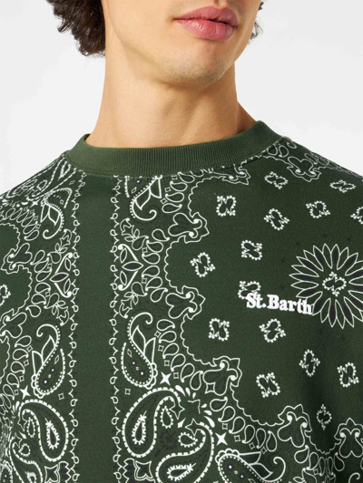 Mc2 Saint Barth Man Crewneck Sweatshirt With Green Bandanna Print In Green