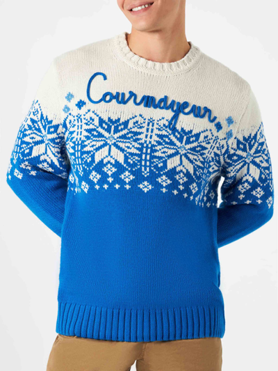 Shop Mc2 Saint Barth Man Crewneck Sweater With Courmayeur Embroidery In Blue