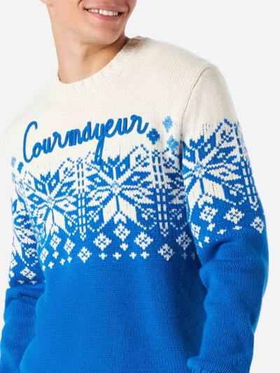 Shop Mc2 Saint Barth Man Crewneck Sweater With Courmayeur Embroidery In Blue