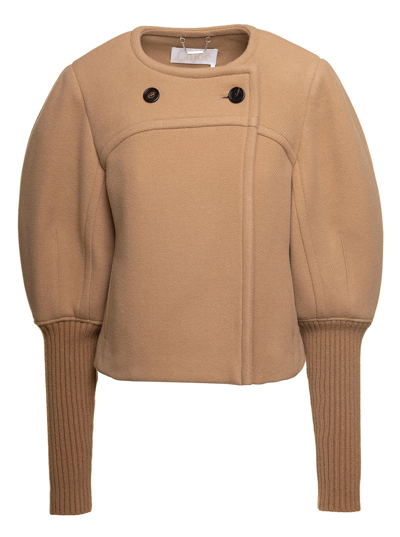 Shop Chloé Camel Brown Boxy Coat With Ribbed Long Cuffs In Wool Woman In Beige