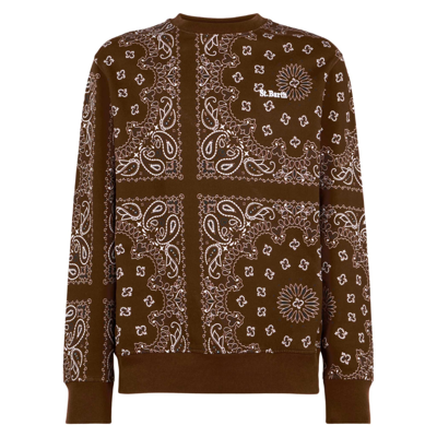 Shop Mc2 Saint Barth Man Crewneck Sweatshirt With Brown Bandanna Print