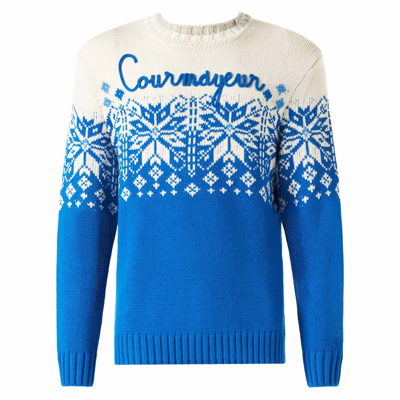 Shop Mc2 Saint Barth Man Crewneck Sweater With Courmayeur Embroidery In Blue