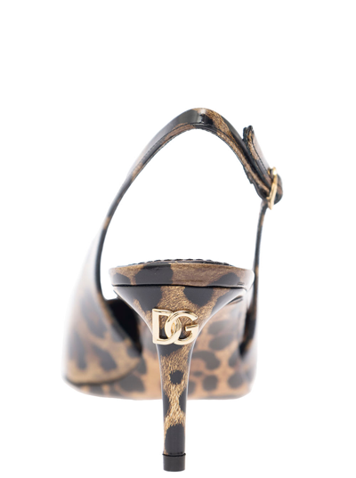 Shop Dolce & Gabbana Lollo Brown Slingback Pumps With All-over Leo Print And Dg Patch In Shiny Leather Woman