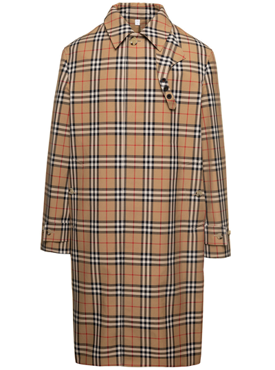 Shop Burberry Brookvale Beige Coat With All-over Vintage Check Motif In Cotton Blend Man