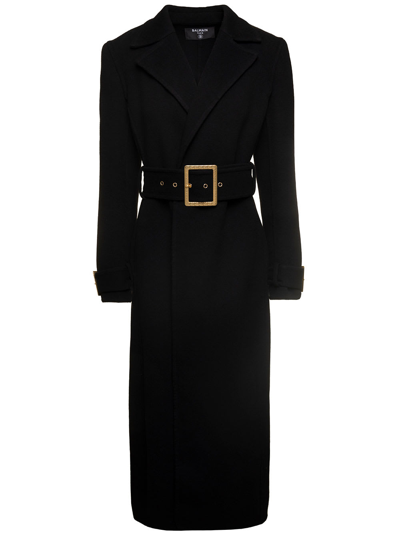 Shop Balmain Long Maxi Belted Coat With Branded Buckle In Wool And Cashmere Woman In Black