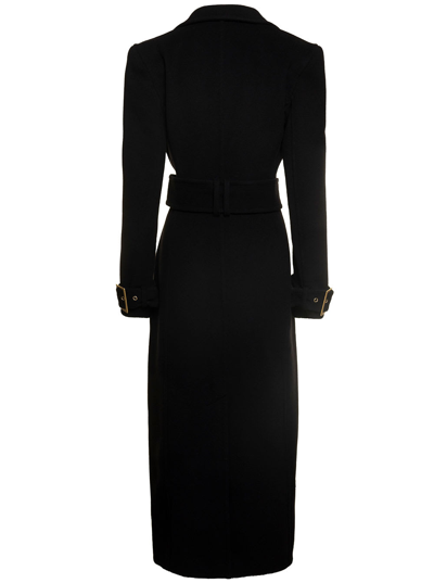 Shop Balmain Long Maxi Belted Coat With Branded Buckle In Wool And Cashmere Woman In Black