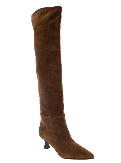 Shop 3juin Bea Brown Pointed High-boots With Logo Patch In Suede Woman