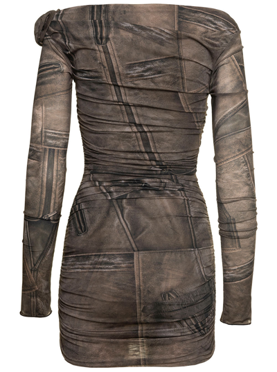 Shop Blumarine Mini Dark Beige Dress With All-over Denim Print In Stretch Fabric Woman
