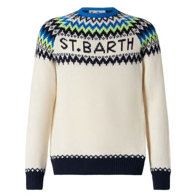 Mc2 Saint Barth White Jacquard Sweater With Fair Isle Pattern In White