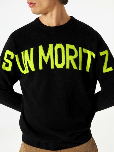 Mc2 Saint Barth Man Black Sweater With Lettering In Black