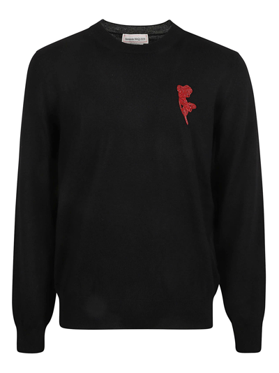 Shop Alexander Mcqueen Embroidered Rib Knit Sweater In Black/red