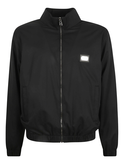 Shop Dolce & Gabbana High-neck Logo Plaque Bomber In Black