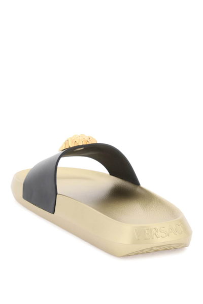 Shop Versace La Medusa Slides In Black  Gold (gold)