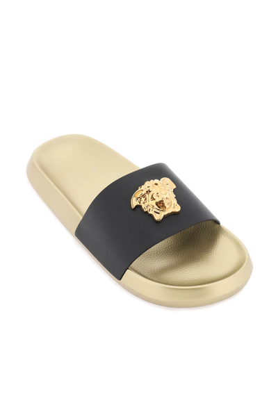 Shop Versace La Medusa Slides In Black  Gold (gold)