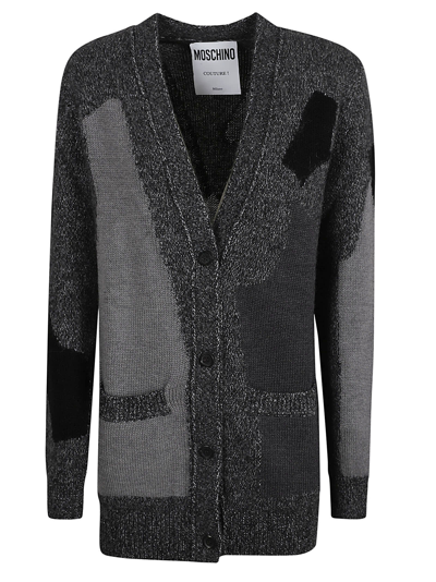 Shop Moschino Rib Knit Patched Cardigan In Fantasy Grey