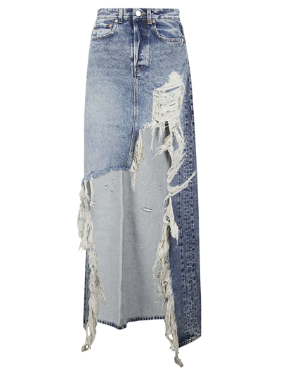 Vetements Distressed-effect Denim Maxi Skirt In Lightblue