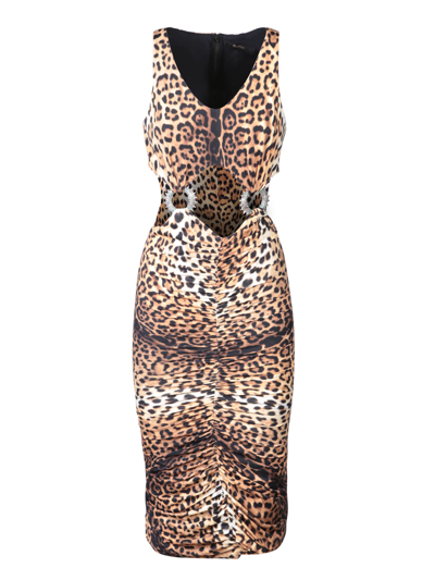Shop Roberto Cavalli Giaguar Midi Dress In Beige
