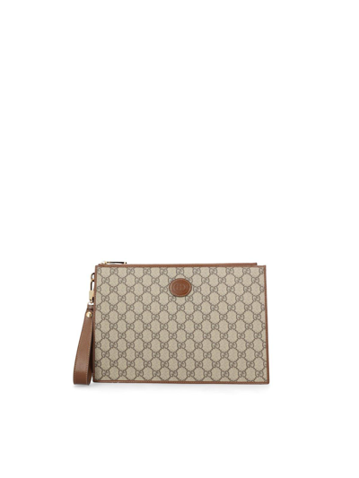 Shop Gucci Logo Jacquard Zipped Clutch Bag In Brown