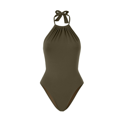 Mc2 Saint Barth Woman Military Green Halter High Neck One Piece Swimsuit