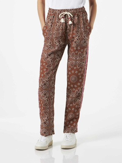 Shop Mc2 Saint Barth Woman Linen Pants With Brown Bandanna Print