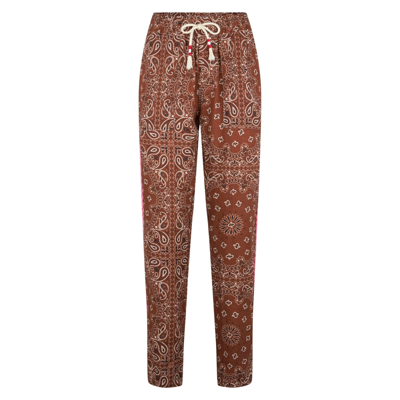 Shop Mc2 Saint Barth Woman Linen Pants With Brown Bandanna Print