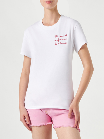 Shop Mc2 Saint Barth Woman Cotton T-shirt With Embroidery La Milanese Special Edition In White
