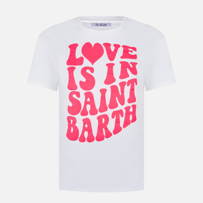 Shop Mc2 Saint Barth Woman Cotton T-shirt With Love Is In Saint Barth Lettering In White