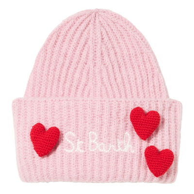 Shop Mc2 Saint Barth Woman Brushed And Ultra Soft Beanie With Hearts Appliqués In Pink