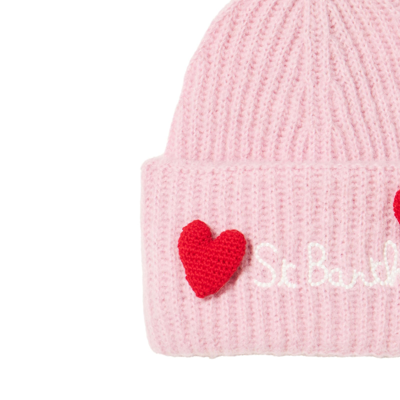 Mc2 Saint Barth Woman Brushed And Ultra Soft Beanie With Hearts Appliqués In Pink