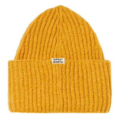 Shop Mc2 Saint Barth Woman Brushed And Ultra Soft Beanie With Too Cool Embroidery In Yellow