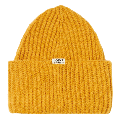 Mc2 Saint Barth Woman Brushed And Ultra Soft Beanie With Too Cool Embroidery In Yellow