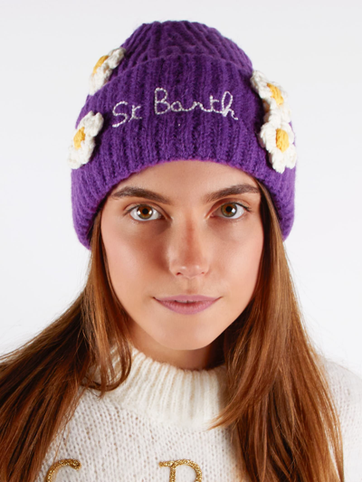 Mc2 Saint Barth Woman Brushed And Ultra Soft Beanie With Daisies Appliqués In Purple