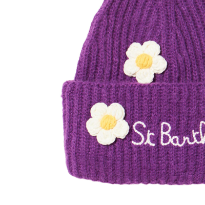 Mc2 Saint Barth Woman Brushed And Ultra Soft Beanie With Daisies Appliqués In Purple
