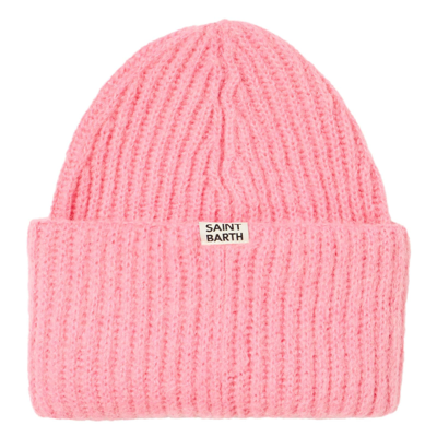 Shop Mc2 Saint Barth Woman Brushed And Ultra Soft Beanie With Apres Chic Embroidery In Pink