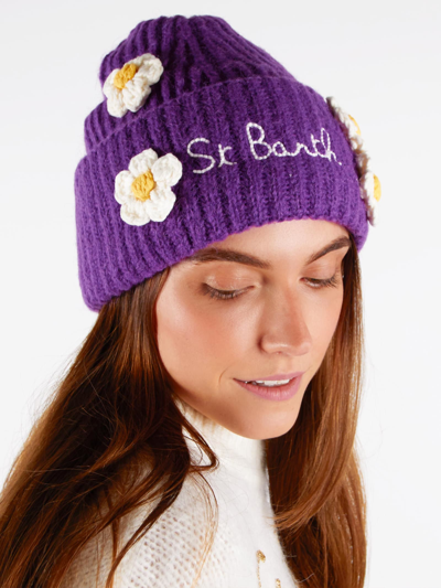 Mc2 Saint Barth Woman Brushed And Ultra Soft Beanie With Daisies Appliqués In Purple