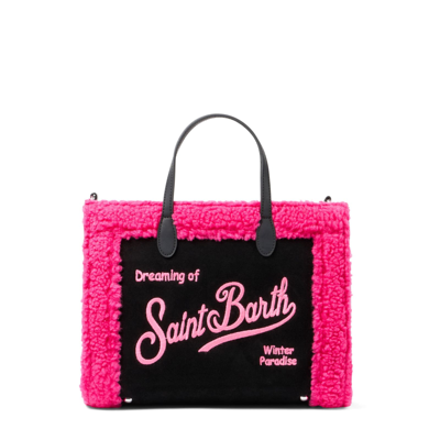 Shop Mc2 Saint Barth Vivian Handbag With Fuchsia Sherpa Details In Black