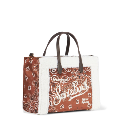 Shop Mc2 Saint Barth Vivian Handbag With Bandanna Print And Sherpa Details In Brown