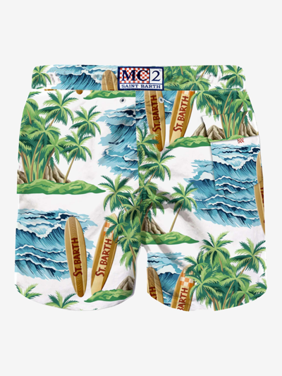 Shop Mc2 Saint Barth Mid-length Swim Shorts With Hawaiian Print In White