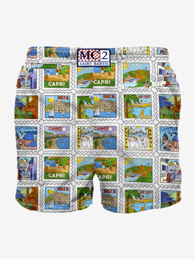 Mc2 Saint Barth Man Swim Shorts With Summer Print In White