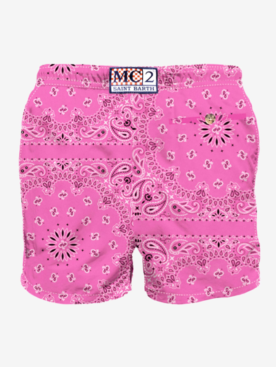 Mc2 Saint Barth Man Swim Shorts With Pink Bandanna Print In Rosa Fluo