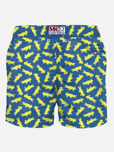 Mc2 Saint Barth Man Swim Shorts With Crocodile Print In Blue