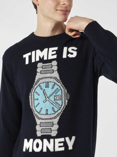 Shop Mc2 Saint Barth Man Sweater With Time Is Money Embroidery In Blue