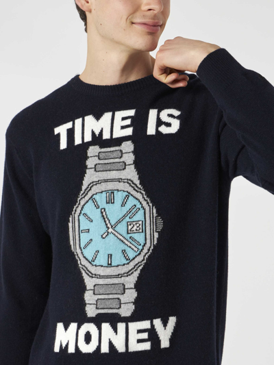 Mc2 Saint Barth Man Sweater With Time Is Money Embroidery In Blue