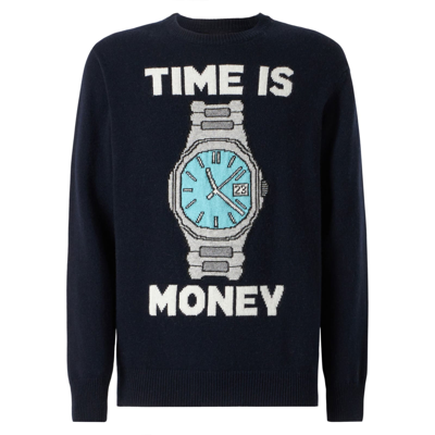 Shop Mc2 Saint Barth Man Sweater With Time Is Money Embroidery In Blue