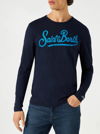 Shop Mc2 Saint Barth Man Long-sleeves T-shirt With Saint Barth Print In Blue