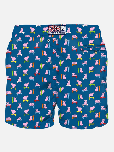 MC2 SAINT BARTH MAN LIGHT FABRIC SWIM SHORTS WITH SKATER PIGS PRINT 