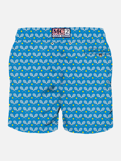 Mc2 Saint Barth Man Light Fabric Swim Shorts With Rackets Print In Blue