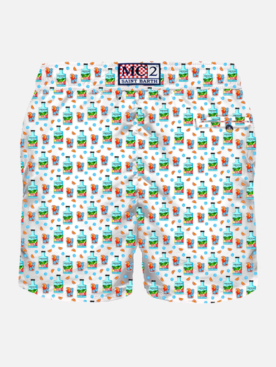 Mc2 Saint Barth Man Light Fabric Swim Shorts With Gin Print Portofino Dry Gin Special Edition In White