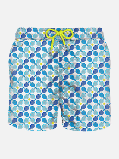 Shop Mc2 Saint Barth Man Light Fabric Swim Shorts With Padel Rackets Print In White
